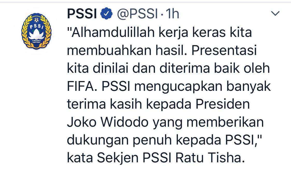 Pernyataan Ratu Tisha, Sekjen PSSI melalui akun Twitter PSSI